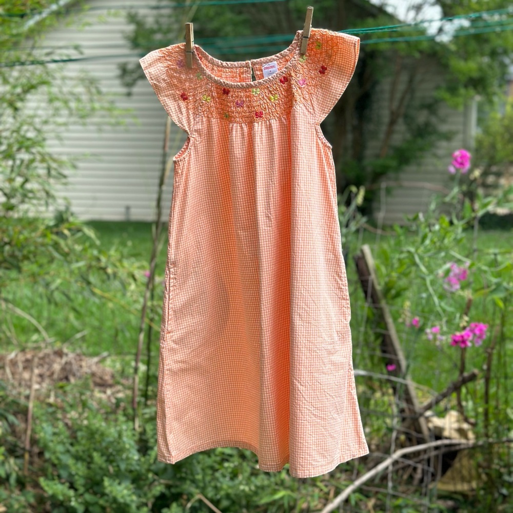 Gymboree orange gingham smocked/embroidered cotton flutter sleeve dress. Size 9
